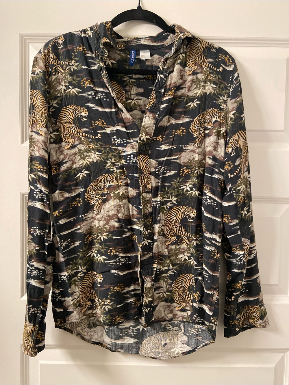 Divided Tiger Print Button-Up Shirt in Black and Gold